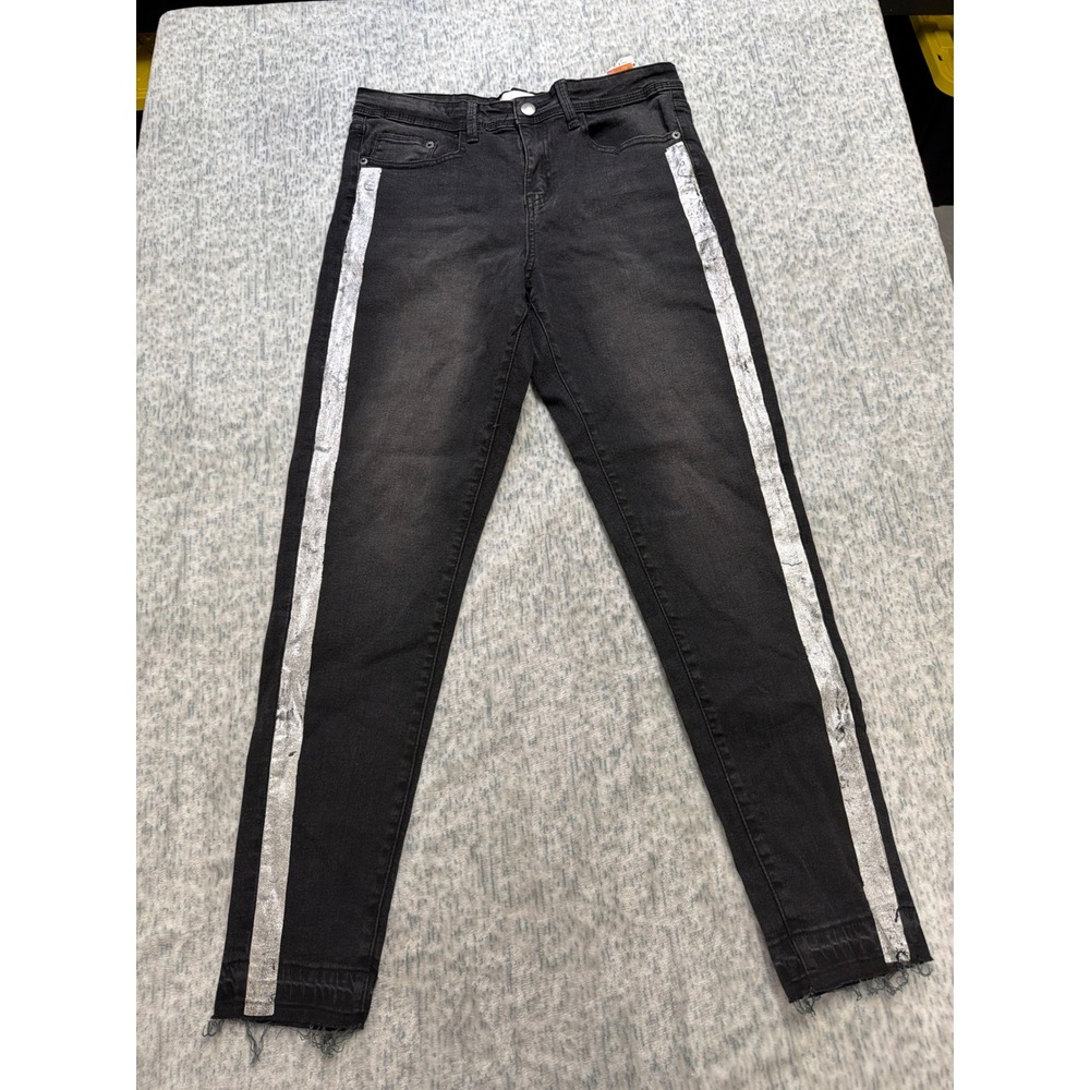 Bongo Womens Skinny Jeans Black Silver Metallic Side Stripe Raw Hem Size 12‎